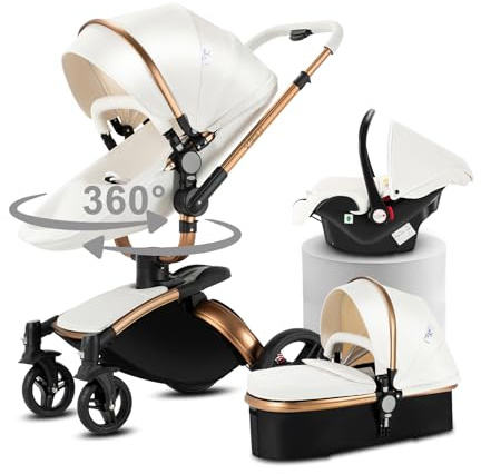 Doraystar 360° Rotación Cuero PU Carro Bebe 3 Piezas, Carrito Bebe 3 en 1 Plegable con Un Solo Clic, Cochecito Tres Piezas con Capazo Grande Cómodo, Carricoche Tres Alto Paisaje (906 White)