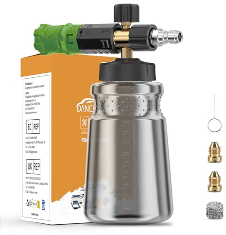DANCINGBOAR Lance à Mousse à Neige Compatible avec Nettoyeurs Haute Pression 1/4 Connexion Rapide, Distributeur de Savon Réglable 1 L, Canon à Mousse Neige pour Lavage et Nettoyage de Voiture