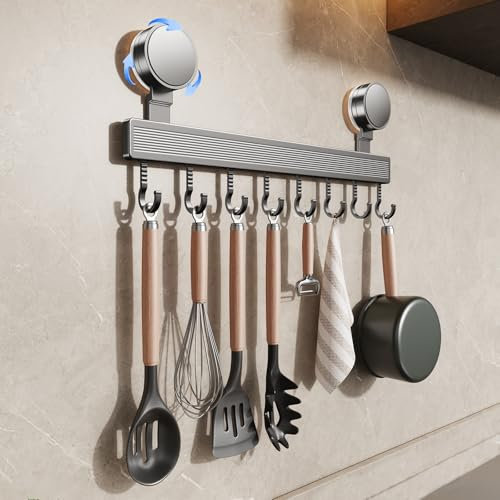 FERCOSEN Barra a gancio per cucina senza foratura con ventosa | 8 ganci, lunghezza 40 cm, portata 20 kg, installazione in 1 minuto | Barra a gancio rimovibile inossidabile per utensili da cucina