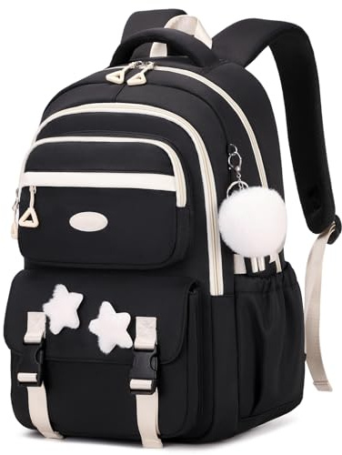 Amythe Schulrucksack Mädchen, Schulranzen für 3.-5. Klasse, Lässiger Große Kinderrucksack mit Pom-Pom-Anhänger & Sternenabzeichen, Leichter Rucksack Teenager mit Trolleyband -Schwarz