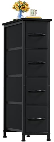 Somdot Kommode mit Schubladen, Kommode Schmal Schlafzimmer Wohnzimmer Flur, Komodenschrank Schubladenschrank Aufbewahrungsschrank Stoffkommode, 4 Stoffschubladen, Schwarz, 48T x 20B x 75H cm