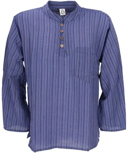 GURU SHOP Nepal fiskarskjorta, randig goa-hippie-skjorta, yogabyxor, män, bomull, blå, 3XL