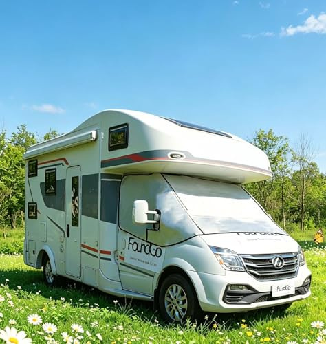 FoundGo Couvre-pare-brise avant pour camping-car avec fermetures éclair en aluminium argenté, housse isolante thermique avec poche, compatible avec FIAT Ducato, Peugeot Boxer, Citroën Relay X250/290 à