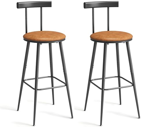 Bar Stools, Set of 2 High Kitchen Barstools, Bar Chairs with Backrest and Footrest, Industrial Counter Stools with PU Soft seat, for Kitchen, Living Room, Pub, Rustic Brown BS-013RB