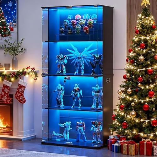 Gurexl 66 Display Cabinets with Glass Door,4 Shelf Curio Storage Cabinet with 3 Color Lights,Bookcase Display Case with Human Body Sensor for Collectiblesbb,Toys,Living Room,Bedroom Furniture,Black