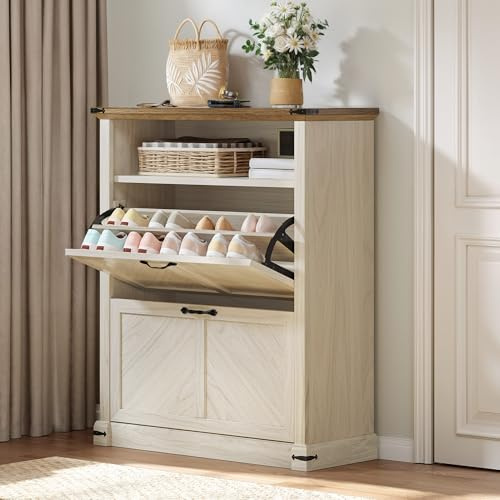 YITAHOME Shoe Cabinet for Entryway, 40inch Tall Shoe Storage Cabinet, Slim Shoe Cabinet with 2 Flip-Out Drawers & 1 Open Shelf, Shoe Storage for Entryway Hallway, Off White