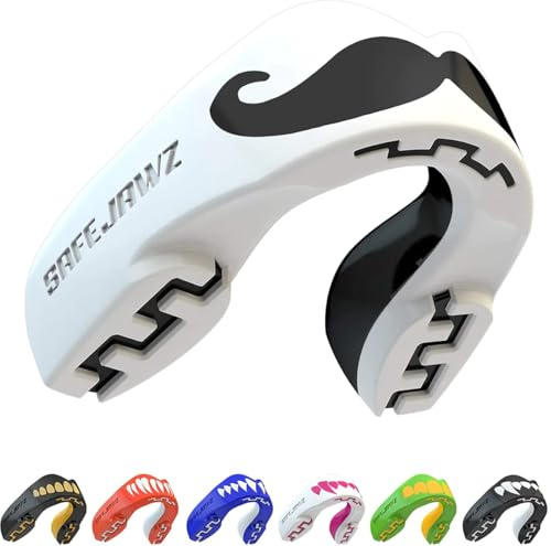 SAFEJAWZ Mouth Guard, Dual Layer Mouthguard for Adults with Case, Easy Fit Remoldable Mouthpiece for Football, Boxing, Lacrosse, MMA, Basketball & All Contact Sports (Adult 12+ Years, Mo White)