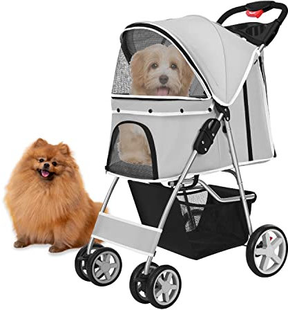 Flexzion Hundebuggy, Hundewagen, Pet Stroller Haustierwagen, Katzenbuggy, Katzenwagen, Faltbar Haustiere Buggy mit Netzfenstern & Getränkehalter für Kleine Haustiere mit 4 Rädern - Grau