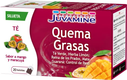 JUVAMINE - Té Quema Grasas - Sabor a Mango y Maracuyá - 20 Bolsitas - Control del Peso - Té verde - Hierba Limón - Reina de los Prados - Mate - Guaraná
