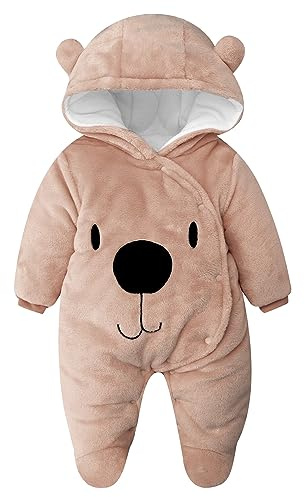 Minizone Baby Hooded Rompers Flannel Winter Outfits Boys Girls Snowsuits Feet Covered Jumpsuit, 0-3 Months