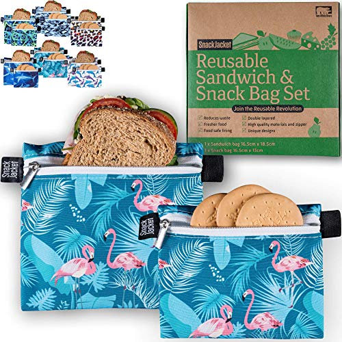 Reusable Sandwich & Snack Bags - by SnackJacket | Set of 2 | Eco Friendly Lunch Bags | 1 Tree Planted | Zero Waste Alternative to Plastic, Cling Film and Tin Foil. (Flamingos)