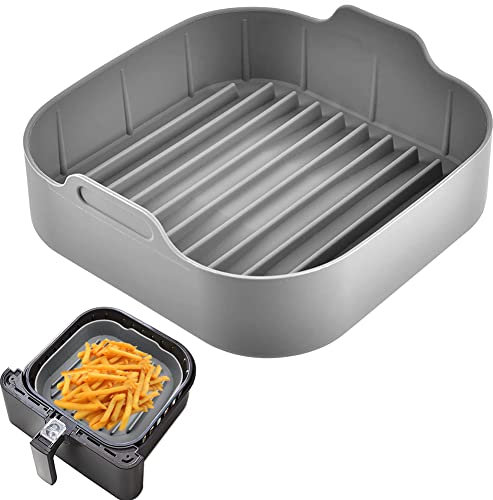 Moule Silicone Air Fryer, Panier Moule pour Friteuse à Air Chaud Réutilisable Airfryer Pot Plat Carré Doublure Liner pour Friteuse Air, Micro-ondes, Four (Gris)