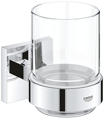 GROHE Start Cube Verre en Cristal avec Support pour Salle de Bain, Fixations Cachées, A coller QuickGlue ou à visser, Chromé, 41097000