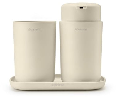 Brabantia - ReNew Set di Accessori per il Bagno - Dispenser per Sapone, Portaspazzolino & Vassoio - Meccanismo a Pompa Antigoccia - Resistente alla Corrosione - Set da Bagno da 3 - Soft Beige