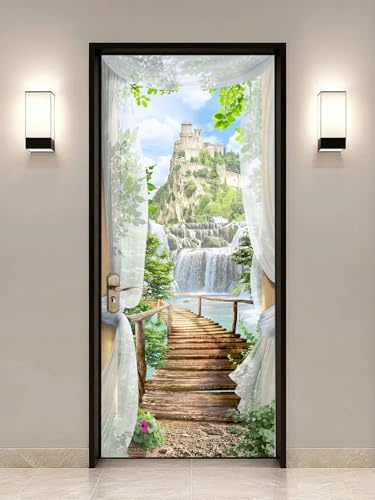 FLFK 3D Door Mural Peel and Stick 85x215cm - View of The Castle Self-Adhesive Door Sticker Wallpaper Wall Poster Decals for Bedroom Home Decor(2Pcs/Set)