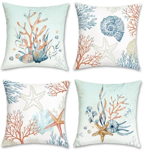Bonhause Fundas Cojines Costero 45 x 45 cm Funda de Almohada Coral Estrella de Mar Concha Playa Océano Azul Cojines Decorativos para Sofá Cama Hogar Juego de 4