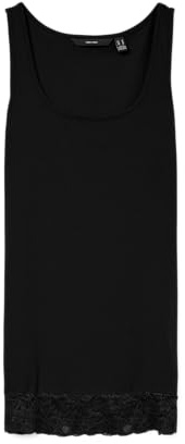 VERO MODA Camiseta de Tirantes para Mujer con Cierre de Encaje en el Dobladillo, Cuello Redondo, Negro, M