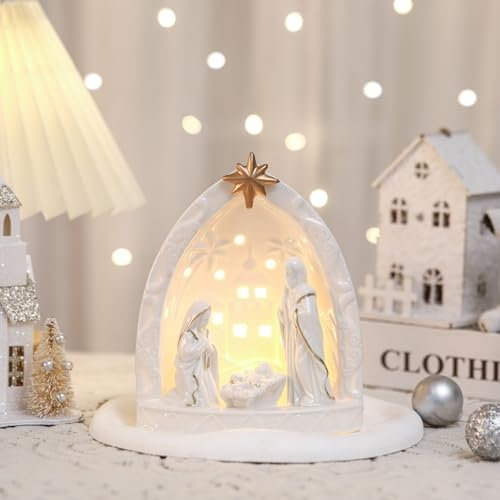 Cindeer Nativity Set for Christmas Indoor,Ceramic Nativity Scene with Light, Porcelain Statue Sculpted Hand Painted Figurine, Holy Family Manger Scene Tabletop Decor Gift(Classic)