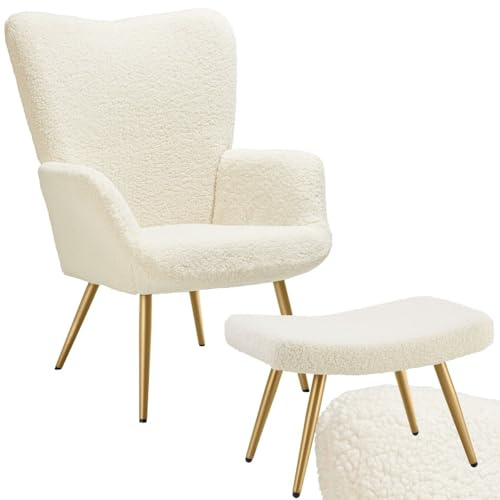 tectake® Fauteuil Salon Confortable & Tabouret en Tissu bouclé Fauteuil Scandinave Moelleux avec Accoudoirs Chaise Ergonomique pour Salle à Manger, Chambre, Siege Bureau, Allaitement - Crème/Or