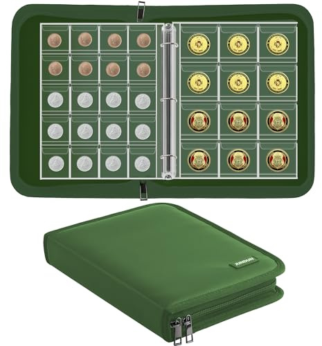 JUNDUN Fireproof Coin Collection Album with 260 Pockets for 20-38mm | Water-resistant, Coin Collection Book with Zip, Coin Case Collecting Storage Dispaly Holder for Collectors, Green