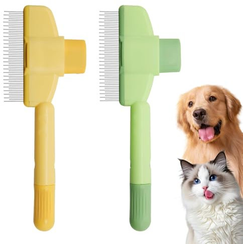 2-teiliger Haustierkamm für Hunde und Katzen, lang, kurz, abgerundete Enden, Zähne Edelstahl, zum Entfernen von verfilztem Fell, Haarausfall, Flohkamm, selbstreinigende Fellpflege, professionelles