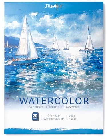 Jusart A4 Watercolor Paper Pad 23cmx30.5cm, 300gsm/140lb, Cold Press Water Color Paper, Acid-Free, for Wet & Dry Media, Watercolor, Gouache & Sketching, 20 Sheets, Perfect for Students and Artists