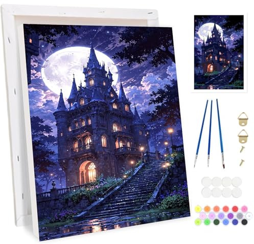 Bowetile Halloween Schloss Malen nach Zahlen für Erwachsene mit Rahmen, Malen nach Zahlen Set für Anfänger Leinwand Kit,Gemäide Bastelset auf Leinwand mit Pinseln und Acrylpigment Home Decor 20x30cm