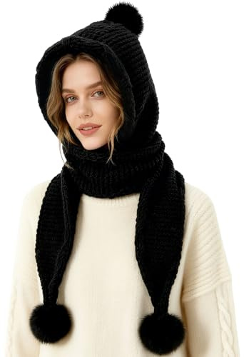 TAGVO 3-in-1 Knit Hooded Scarf Hat Faux Fur Pompom Beanie with Scarf & Earflaps Fleece Lining Warm Winter Balaclava for Women Black