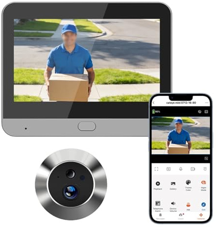 Cámara de Mirilla Digital Inteligente con Conexión WiFi de 2,4 GHz, Cámara Gran Angular de 1080p, Pantalla LCD de 4,3 Pulgadas, Detección de Movimiento PIR, Visión Nocturna y Batería de 5000 mAh