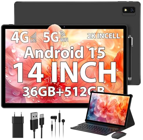 PIXGOOD 2K Android 15 Tablet 14 Pulgadas, 36GB RAM, 512GB ROM (2TB Expansion), 4G SIM LTE & 5G WiFi, 2000 * 1200FHD, 11580mAh, Octa-Core 2.0GH, 13MP+8MP, Tablet con Teclado/GPS/Bluet 5.0(Negro)