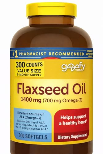 GOOFY TURTLE Nature Flaxseed Oil 1400mg (300 Softgels) | Plant-Based Omega-3 ALA Supplement | 9 Months of Supply.