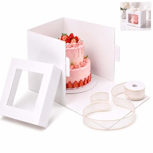 LMSAWK 3 stycken tårtlådor hög, 30,5 x 30,5 x 20,5 cm tårtkartong av kartong med visningsfönster, tårttransportlåda för kakor, bakverk och dessert (12 x 12 x 20 cm – 3 st)