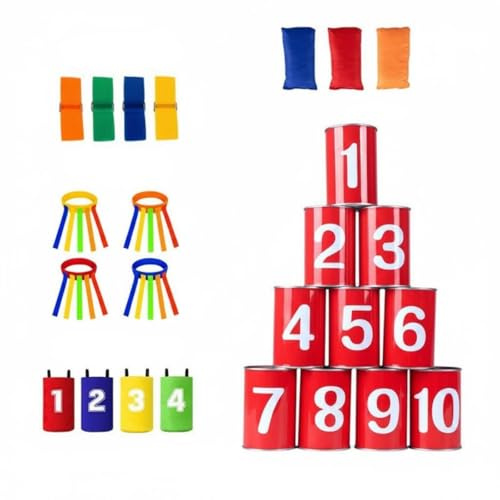 Fxzqgnh Juego de Lanzar Bolsitas a Latas Mejora la Puntería Juguete Infantil Fomenta el Trabajo en Equipo para Niños, Reuniones Familiares, Fiestas, Jardín, Juego De Cuatro Colores con Números Rojos