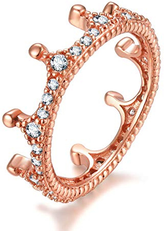 Qings 925 Sterling Silver Princess Crown Ring Rose Gold Engagement Wedding Rings for Women
