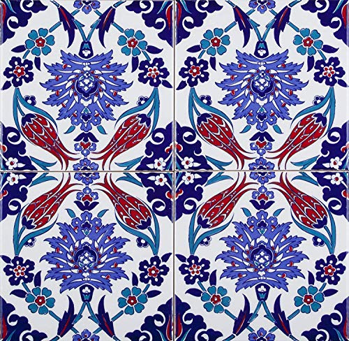 Piastrelle cucina e bagno decorate in ceramica Cerames Makbule 20x20 cm | Rivestimenti Iznik colorati, 1 confezione - 0,48m2 (12 pezzi), mattonelle decorative ideale per cucina o bagno, rustico