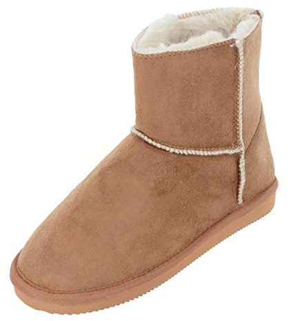 Autumn Faith Ladies Luxury Slipper Boots Ankle Bootees Microsuede Faux Fur Lined Tan 7 UK