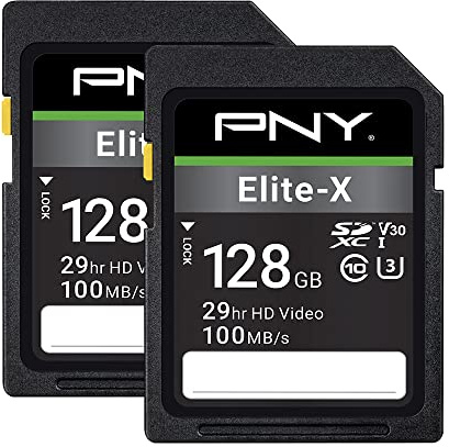 PNY 128GB Elite-X Class 10 U3 V30 SDXC Flash Memory Card - 100MB/s, 4K UHD, HD, UHS-I, Full Size SD (Pack of 2)
