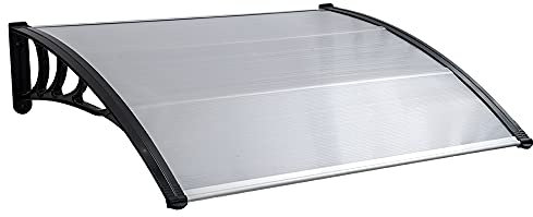 Mingone Auvent de Porte d’entrée Transparent Marquise de Porte Extérieure Auvent en Polycarbonate Anti-UV Anti-Pluie Porche Ombre Toit Terrasse Peint Support en Métal (150x100cm, Noir-Transparent)