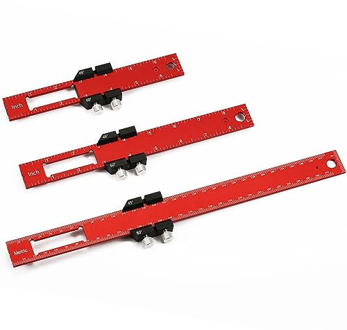 3 Piezas Regla de Carpinteria, Ángulo Ajustable 45°, 60°, 90° Regla de Precision Carpintero con Topes Deslizantes Pulgadas y Métrica para Ingeniero Carpintero (16,5/21,6/31,8 cm, Rojo)