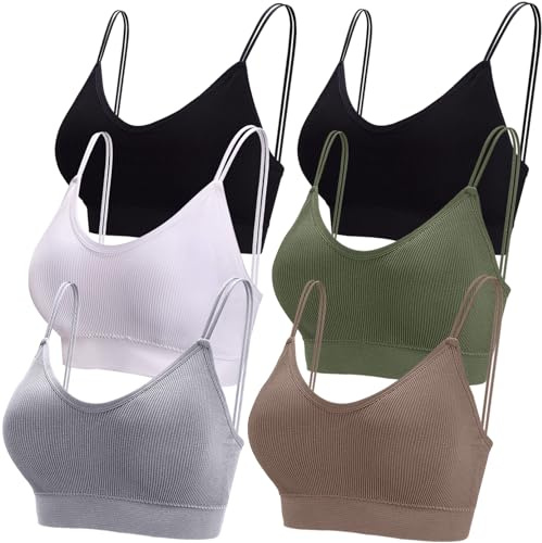 BQTQ 6 Pieces V Neck Cami Bralette Bra for Women Padded Cami Bras with Elastic Straps Seamless Bralettes Sleeping Bra Everyday Bralette Pack, XXL