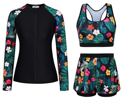 JASAMBAC 3-Piece Rash Guard Swimsuits for Women UPF 50+ Bikini Top & High Waist Boyshorts Zipper Modest Swimwear Ladies Swimming Costumes Bathing Suit Soft Surf Suit