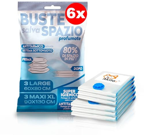 Akitaink 6 Sacchetti Sottovuoto Vestiti, Piumoni profumati (3x 80x60, 3x 130X90) Riutilizzabili Per Contenere Vestiti Lenzuola Piumoni Cuscini Coperte, Trapunte, Viaggi