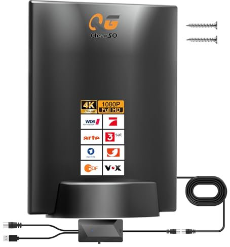 DVB-T/DVB-T2 Antenne mit Verstärker - HDTV Zimmerantenne für Fernseher, Großer Reichweite und 360° Empfang, Mit Magnetfuß - 5 Meter Kabel