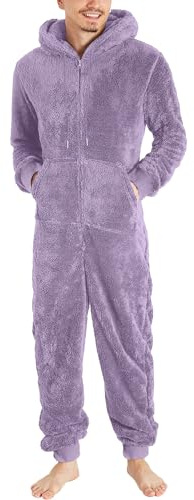 Mono largo para hombre, pijama de invierno, cálido, de peluche, cómodo traje de casa, traje de un solo color, con cremallera, forro polar, para otoño e invierno, morado, L