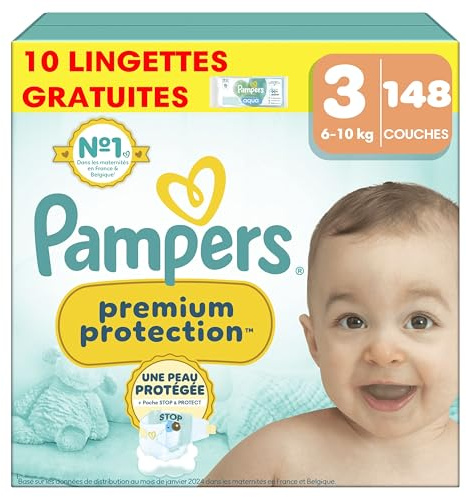 Pampers Premium Protection Größe 3, 148 Windeln, 6 – 10 kg, doppelter Schutz für Haut und gegen Lecks + 10 Tücher Harmonie Aqua gratis