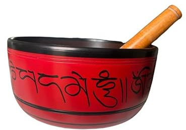 Amilav Collections handmålad tibetansk sångskål i metall – stor 20 cm musikinstrument med träklubba – för meditation yoga och helande – Om Mani Padme Hum Peace