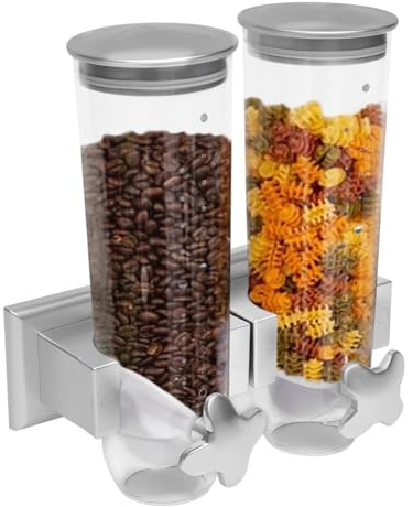 101oz Wall Mount Dry Goods Dispenser, Double-bucket Dry Cereal Dispenser Grain Dispenser Grid Grain Storage Bin Kitchen Storage Organizer, Dry Food Cereal Dispenser For Food Nuts Flour Maker (Silver)