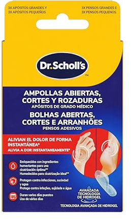 Dr. Scholl's Apósitos de grado médico para ampollas abiertas, cortes y rozaduras con tecnología de hidrogel x6, alivian el dolor al instante, hipoalergénicos para heridas, para usar en pies y cuerpo