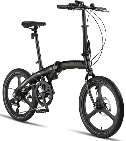Licorne Bike Phoenix 2D Cross Vélo pliant en aluminium 20 pouces Frein à disque Vélo pliant Homme Femme Dérailleur 7 vitesses Vélo pliant urbain Cadre alu (Roues Mag, Noir/Or)