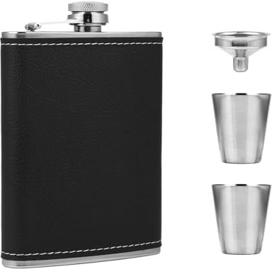Fiaschetta Tascabile 240 ml (8oz) in Acciaio Inox Nero – Fiaschetta per Alcool e Whisky con 2 Tazze(30ml) e 1 Imbuto – Elegante, Antigoccia, Ideale per Escursioni, Campeggio e Viaggi